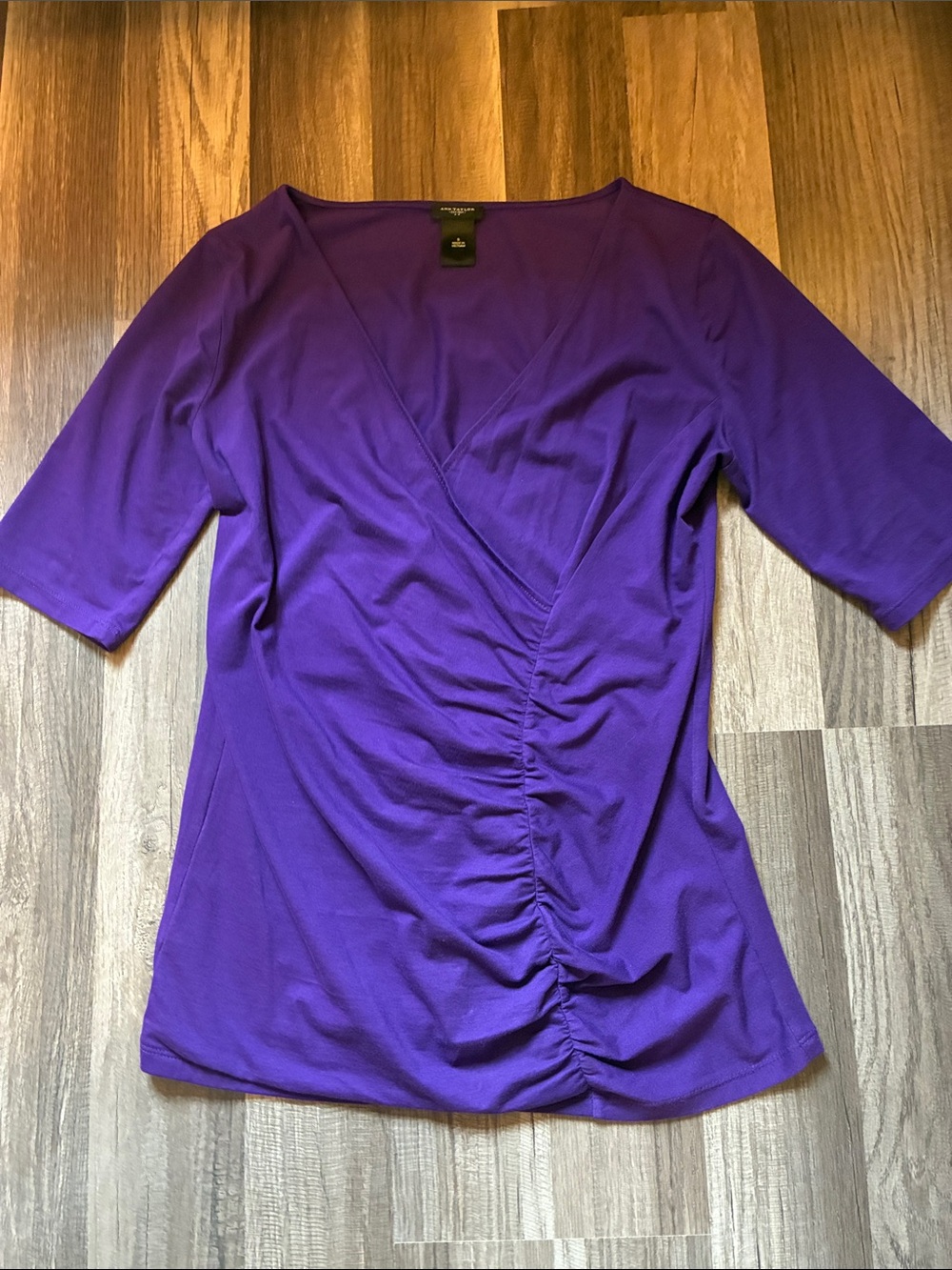 Ann Taylor Deep Purple Ruched Surplice V-Neck Cotton Top- Size Small
